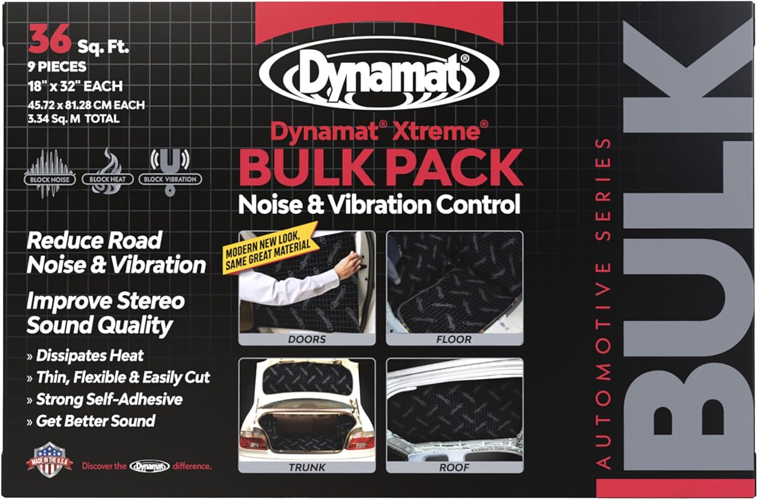 Dynamat Xtreme Sound Deadening Car Insulation Bulk Pack 10455  Noise Dampening for Floor, Doors, Panels, Hood or Trunk  Easy Self Adhesive Install  Made in USA  9 Sheets 18x32, 36 sq ft total