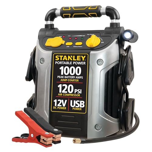 STANLEY 1000 Peak Amp Automotive Jump Starter, Portable Power  2.1A/10W USB Port, 12V Outlet, 120 PSI Air Compressor for Tires, Bikes & Sports Equipment