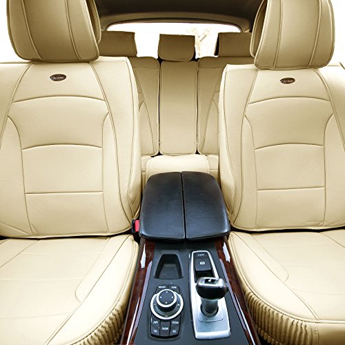 FH Group Ultra Comfort Highest Grade Faux Leather Full Set Cushion Pads Car Seat Covers for Front and Rear- Fit Most Car, Truck, SUV, or Van (Solid Beige)