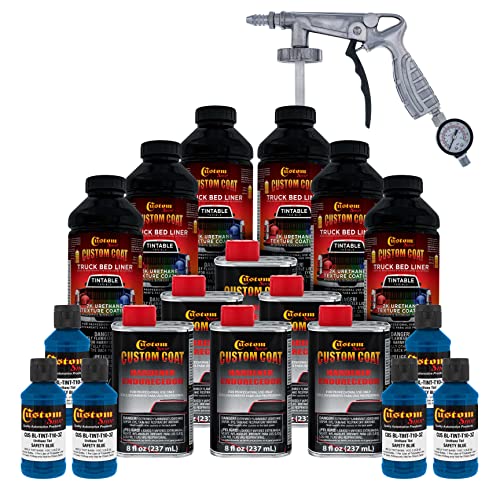 Custom Coat Safety Blue 1.5 Gallon (6 Quart) Urethane Spray-On Truck Bed Liner Kit with Spray Gun and Regulator - Easy Mixing, Shake, Shoot Textured Protective Coating, Prevent Rust - Car, Auto