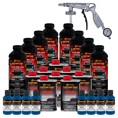 Custom Coat Safety Blue 2 Gallon (8 Quart) Urethane Spray-On Truck Bed Liner Kit with Spray Gun and Regulator - Easy Mixing, Shake, Shoot - Textured Protective Coating, Prevent Rust - Car, Auto