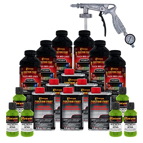 Custom Coat Lime Green 1.5 Gallon (6 Quart) Urethane Spray-On Truck Bed Liner Kit with Spray Gun and Regulator - Easy Mixing, Shake, Shoot - Textured Protective Coating, Prevent Rust - Car, Auto