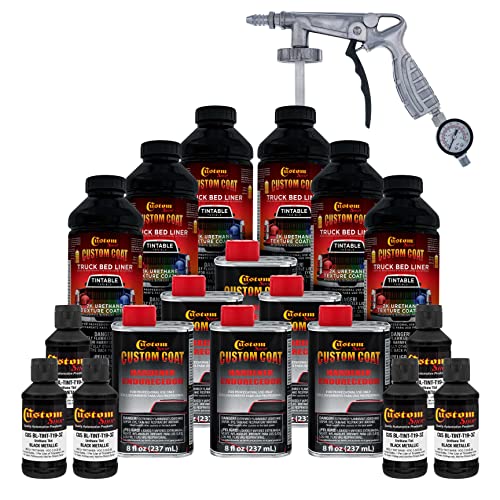 Custom Coat Black Metallic 1.5 Gallon (6 Quart) Urethane Spray-On Truck Bed Liner Kit with Spray Gun and Regulator - Easy Mixing, Shake, Shoot - Textured Protective Coating, Prevent Rust - Car, Auto