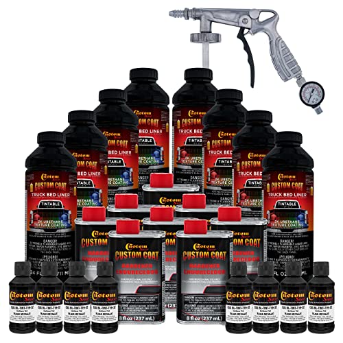 Custom Coat Black Metallic 2 Gallon (8 Quart) Urethane Spray-On Truck Bed Liner Kit with Spray Gun and Regulator - Easy Mixing, Shake, Shoot - Textured Protective Coating, Prevent Rust - Car, Auto