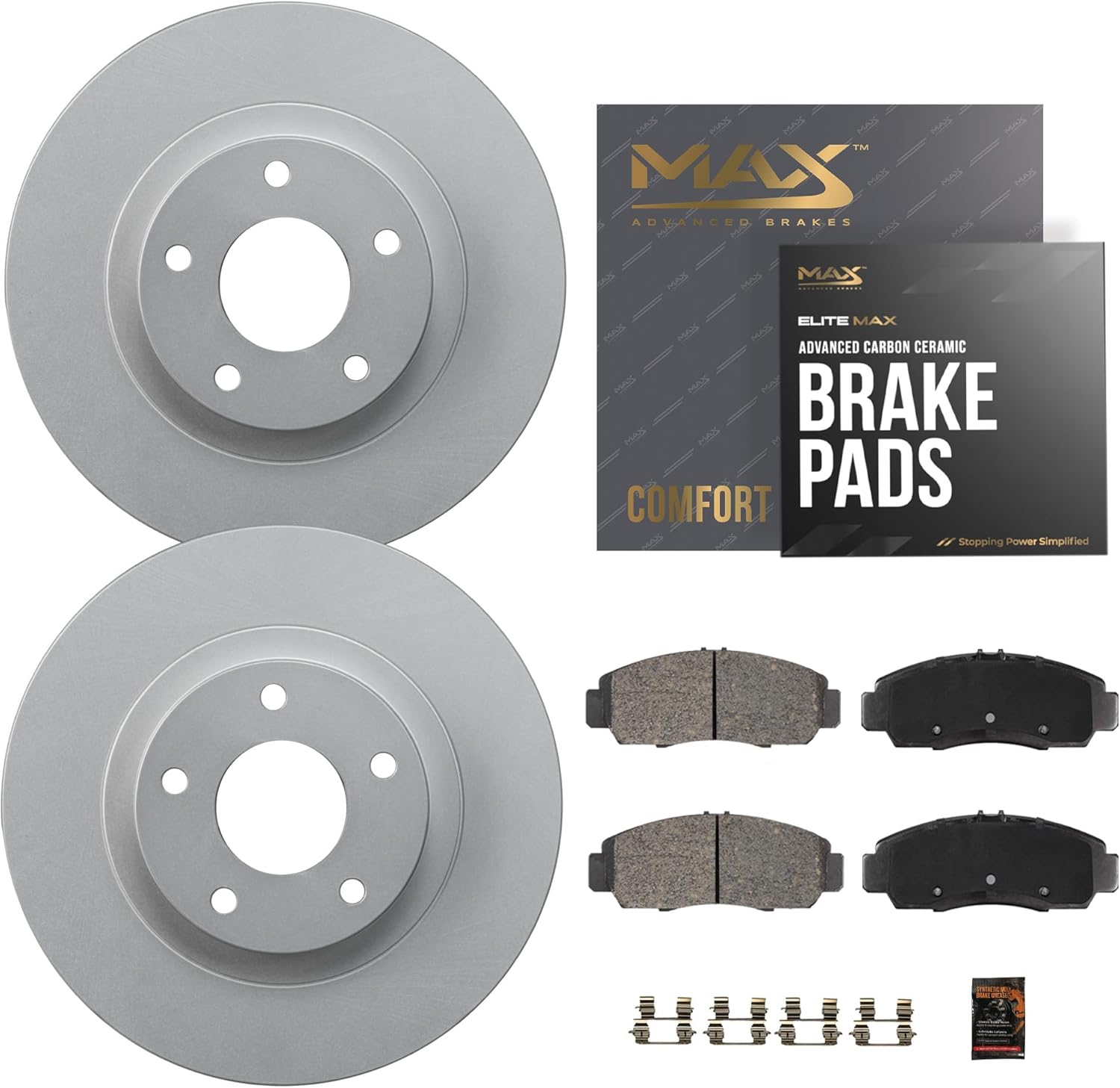 Max Advanced Brakes Front Brake Kit Compatible With 2006 2007 2008 2009 2010 2011 Honda Civic w/ 10.32" Front Rotor Replacement Geomet Coated OE Disc Brake Rotors and Ceramic Brake Pads