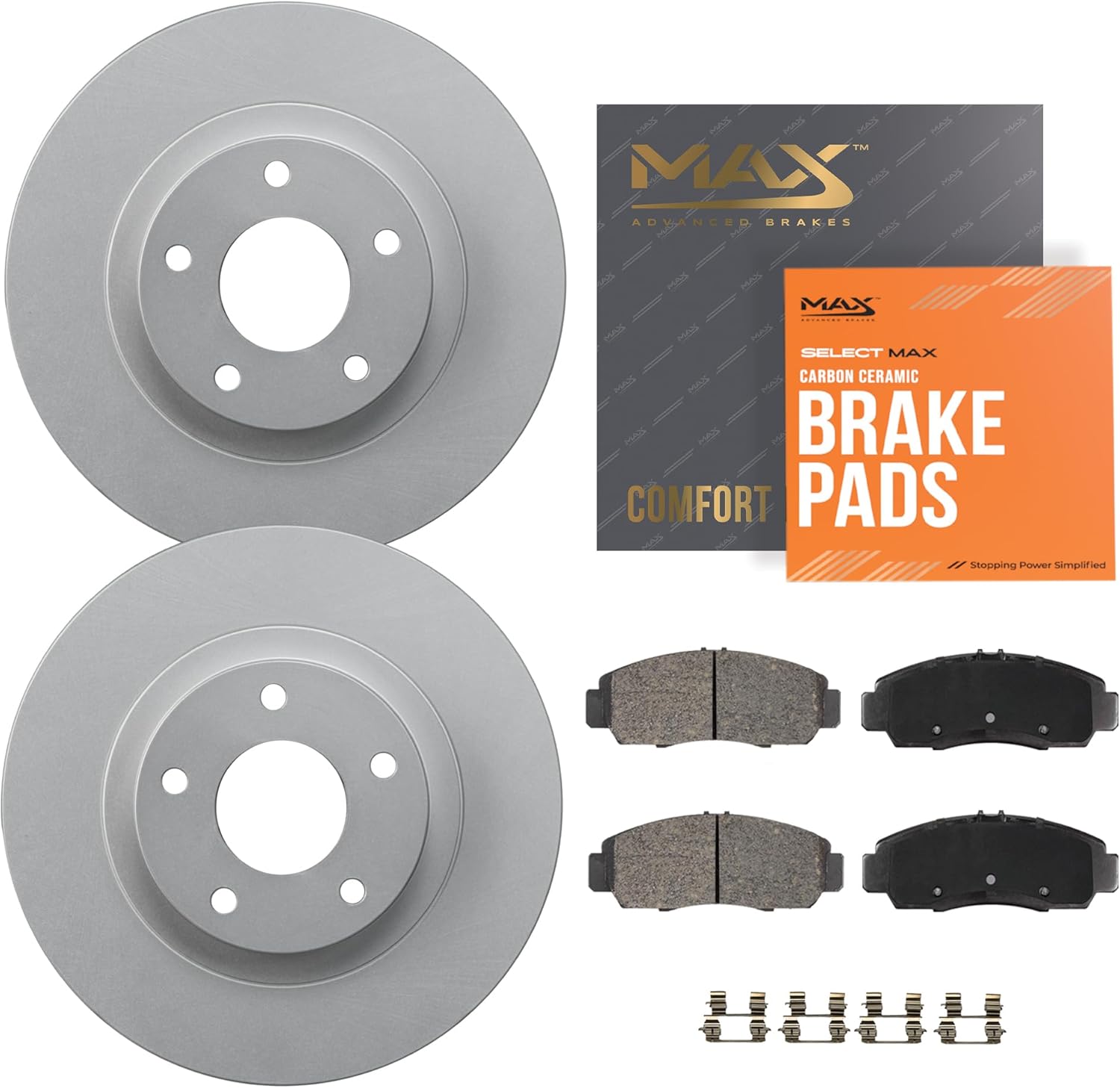 Max Advanced Brakes Front Brake Kit Compatible With 1997-2001 Toyota Camry Avalon Solara Compatible With Lexus ES300 Replacement Geomet Coated OE Disc Brake Rotors and Ceramic Brake Pads
