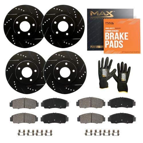 Max Advanced Brakes Front & Rear Brake Kit Compatible With 2001-2004 2005 2006 2007 Chrysler Town&Country Rear Disc Replacement Drilled Slotted Black Coated Disc Brake Rotors and Ceramic Brake Pads