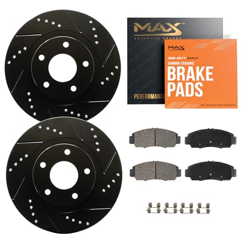 Max Advanced Brakes Rear Brake Kit Compatible With 2002-2004 2005 Ford Explorer Compatible With Mercury Mountaineer Replacement Drilled Slotted Black Coated Disc Brake Rotors and Ceramic Brake Pads