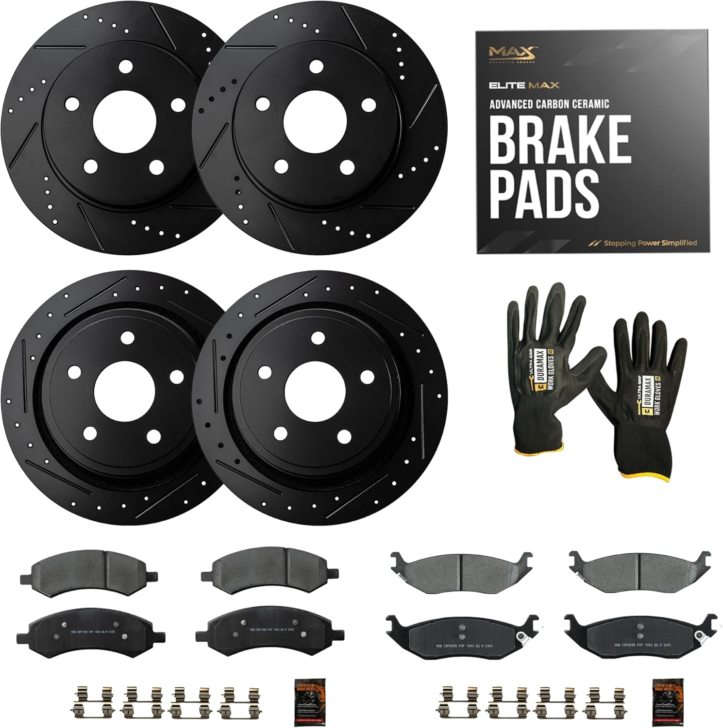 Max Advanced Brakes PerformanceMAX Front & Rear Brake Kit | Fits 2006-2018 Dodge Ram 1500 | Slotted & Drilled Rotors & Carbon Ceramic Brake Pads for Heavy-Duty Performance