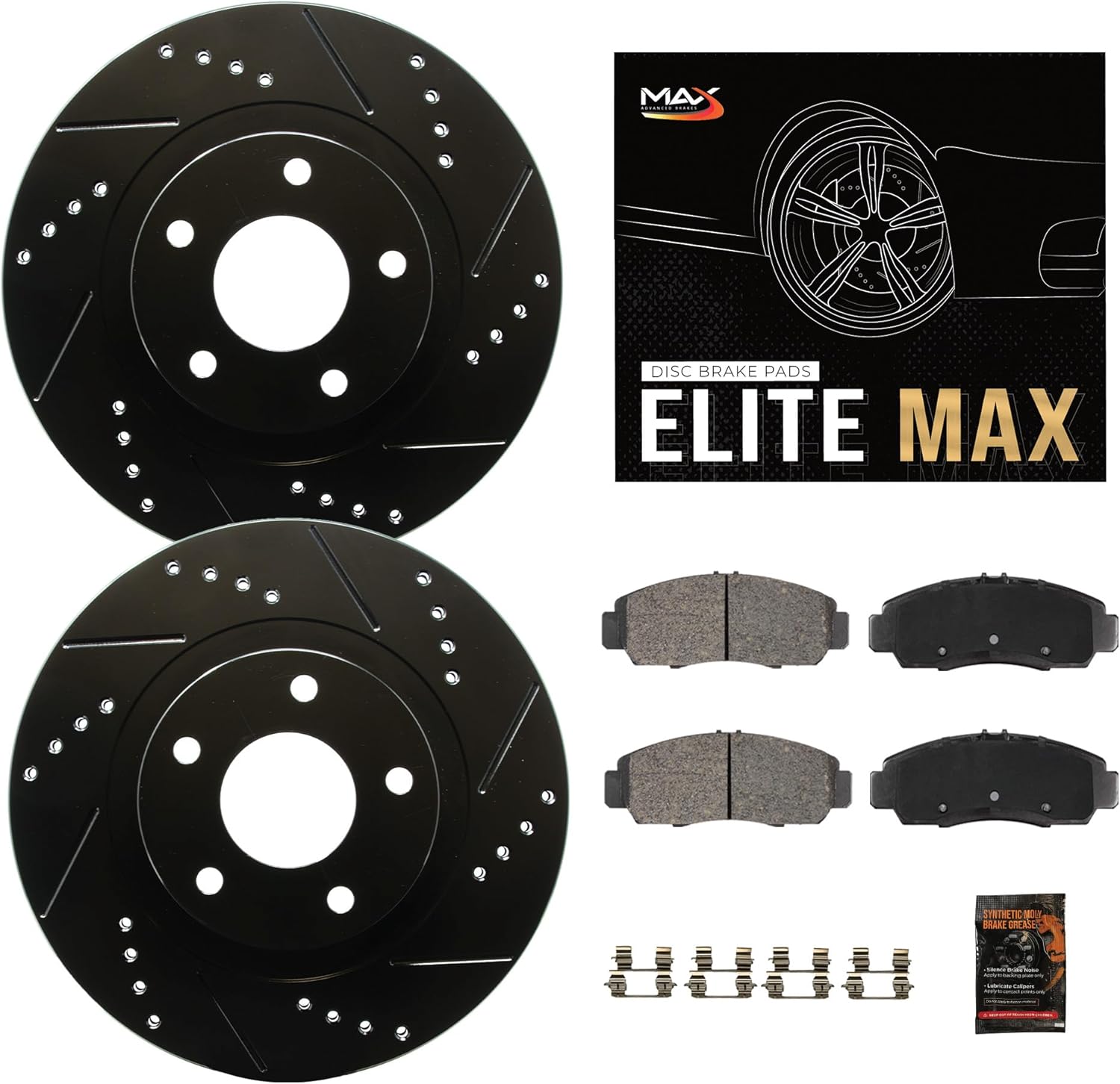 Max Advanced Brakes Front Brake Kit Compatible With 2012-2014 2015 Honda Civic CR-V 2.4 L4 Compatible With Acura ILX Replacement Drilled Slotted Black Coated Disc Brake Rotors and Ceramic Brake Pads