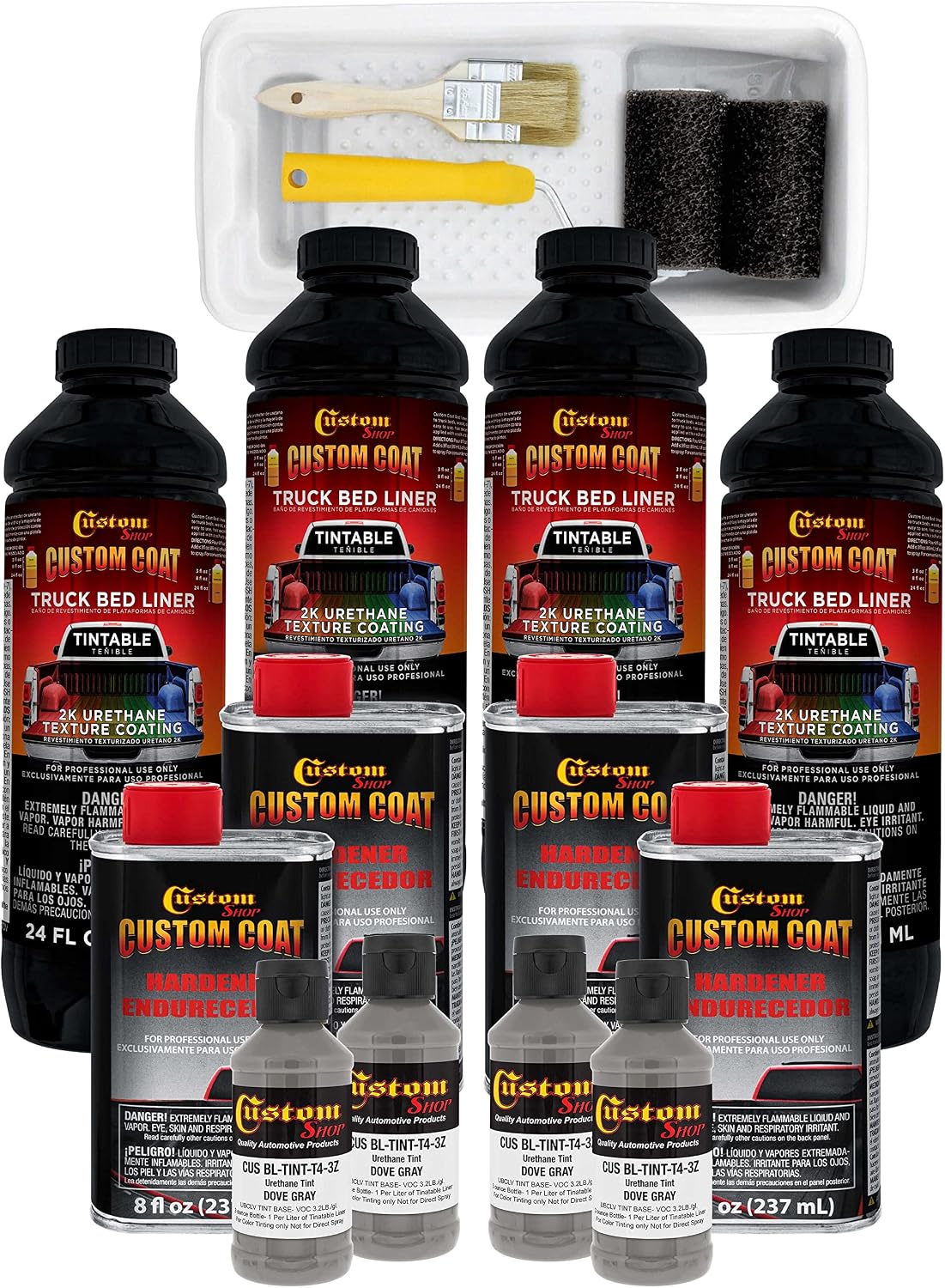 Custom Coat Dove Gray 1 Gallon Urethane Roll-On, Brush-On or Spray-On Truck Bed Liner Kit with Roller and Brush Applicator Kit - Easy Mixing, Shake, Shoot - Textured Car Auto Protective Coating