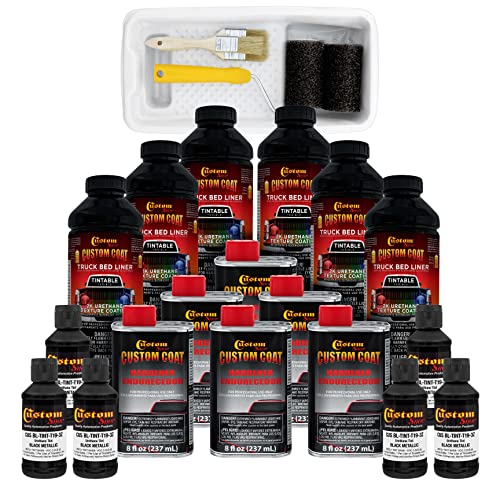 Custom Coat Black Metallic 1.5 Gallon (6 Quart) Urethane Roll-On, Brush-On or Spray-On Truck Bed Liner Kit with Roller and Brush Applicator Kit - Easy Mixing - Textured Protective Coating