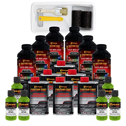 Custom Coat Lime Green 1.5 Gallon (6 Quart) Urethane Roll-On, Brush-On or Spray-On Truck Bed Liner Kit with Roller and Brush Applicator Kit - Easy Mixing - Textured Car Auto Protective Coating