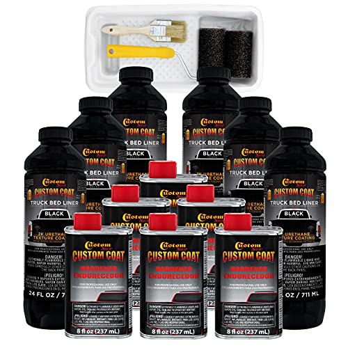Custom Coat Black 1.5 Gallon (6 Quart) Urethane Roll-On, Brush-On or Spray-On Truck Bed Liner Kit with Roller and Brush Applicator Kit - 3 to 1 Mix Ratio - Textured Auto Protective Coating