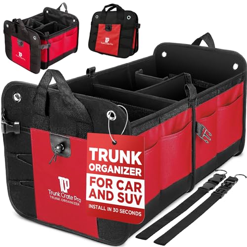TRUNKCRATEPRO Red Car Accessories Trunk Organizer For Car, Suv Premium Multi Compartments Collapsible Portable Car Organizer For Women W 2 Adjustable straps, non-skid bottom (Large Capacity)