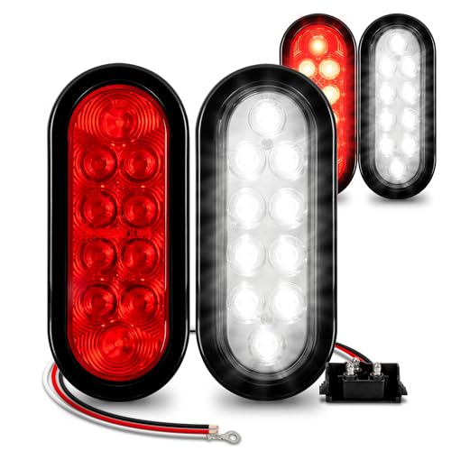 TRUE MODS 2 Red + 2 White 6" Oval LED Trailer Tail Light Kit [DOT FMVSS 108] [Grommets & Plugs] [IP67 Waterproof] [Stop Brake Turn Reverse] Back Up Trailer Lights for Marine Boat RV Flatbed Truck