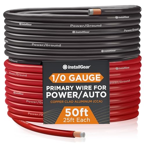 InstallGear 1/0 Gauge Wire (50ft) Copper Clad Aluminum CCA - Battery Cables, Car Amplifier Power and Ground Wire - Automotive, Car Audio Speaker Stereo, RV Trailer, Welding Cable, Primary Wiring