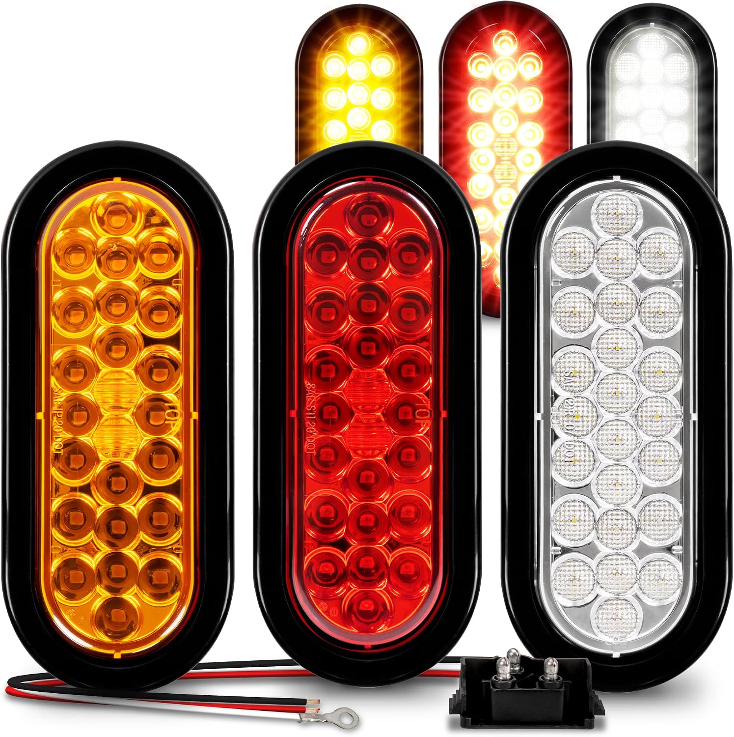 TRUE MODS 2 Red + 2 Amber + 2 White 6" Oval LED Trailer Tail Light Kit [DOT FMVSS 108] [24 LED] [Grommets & Plugs] [IP67 Waterproof] Stop Brake Turn Reverse Back Up Trailer Lights for RV Flatbed Truck