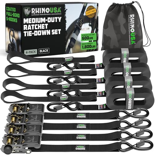Rhino USA Ratchet Straps Tie Downs (4-Pack) - 1 Inch x 15 Feet (1,823lb Break Strength) - Ultimate Tie Down Straps with Safety S Hooks - for Trucks, Cargo, Moving, Appliances - Black