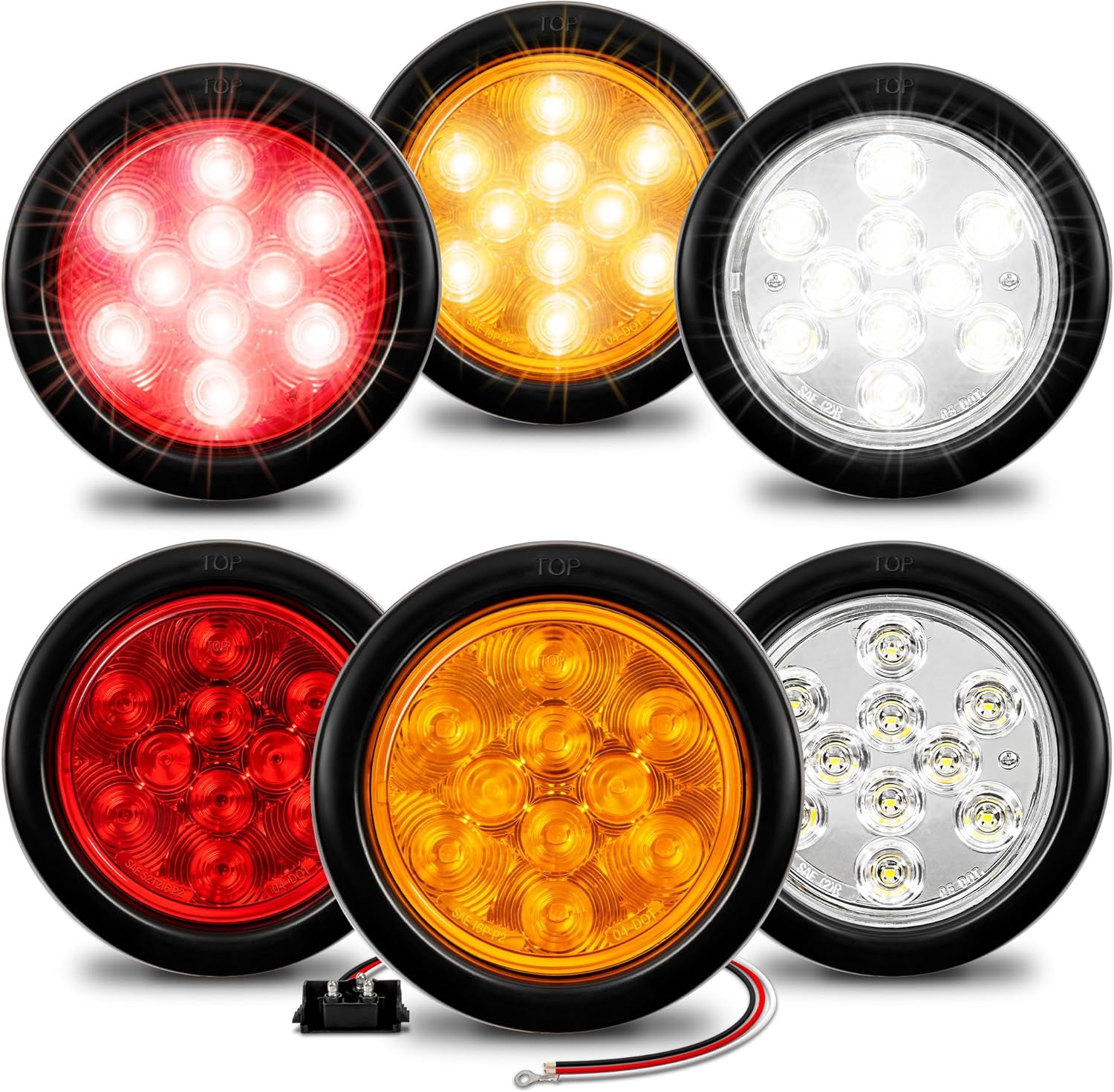 TRUE MODS 2 Red + 2 Amber + 2 White 4" Round 10LED Trailer Tail Light Kit DOT Certified [Grommet & Plug] IP67 Waterproof Stop Brake Turn Reverse Back Up Trailer Light For RV Semi Truck Flat Bed Camper