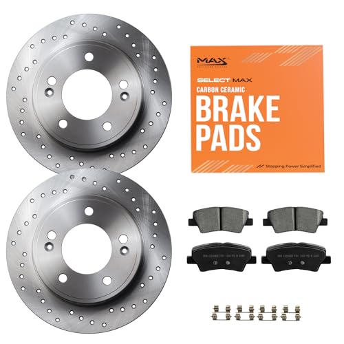 Max Advanced Brakes Rear Brake Kit Compatible With 2011-2023 Hyundai Elantra Veloster Venue Compatible With Kia Forte Replacement Cross Drilled Disc Brake Rotors and Ceramic Brake Pads