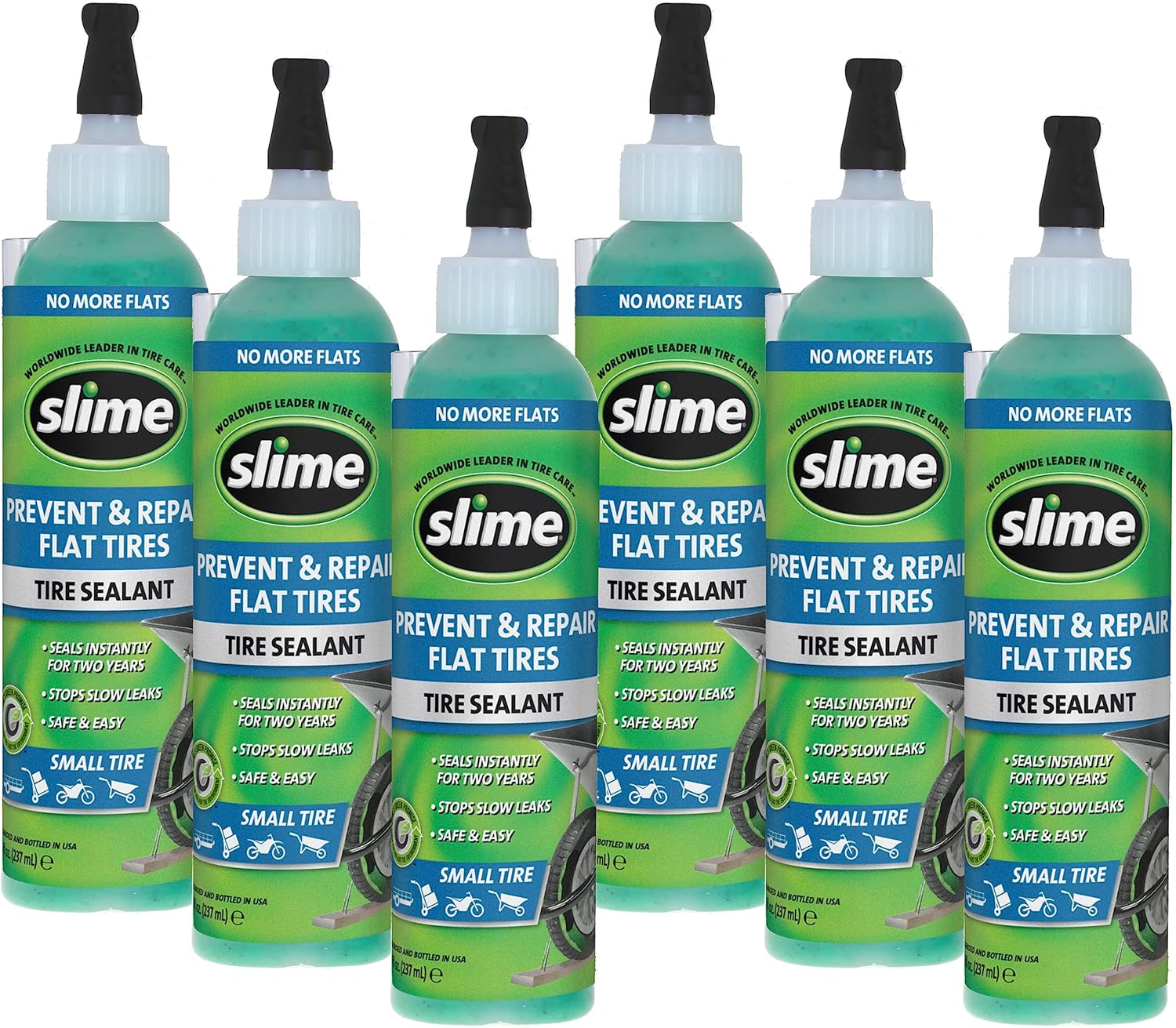 Slime 10007-6PK Flat Tire Puncture Repair Sealant, Prevent and Repair, Small Tubeless Tires, Non-toxic, eco-friendly, 6 x 8 oz bottle