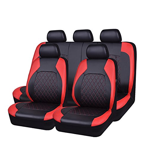 Universal Faux Leather Car Seat Covers Full Set Airbag Compatible Breathable Fit for Cars Trucks SUVs Deluxe Pu Luxury Vinyl(Black with Red)