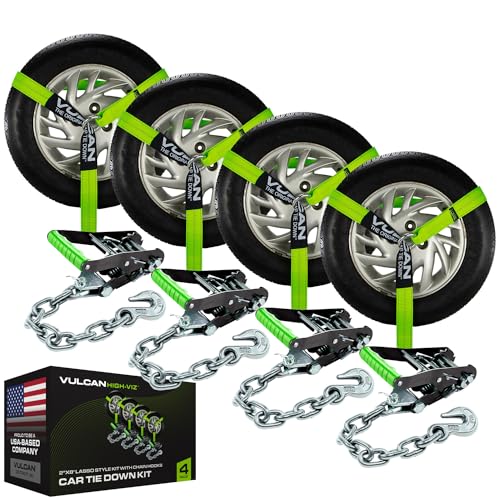 VULCAN Car Tie Down with Chain Anchors - Lasso Style - 2 Inch x 96 Inch - 4 Pack - High-Viz - 3,300 Pound Safe Working Load