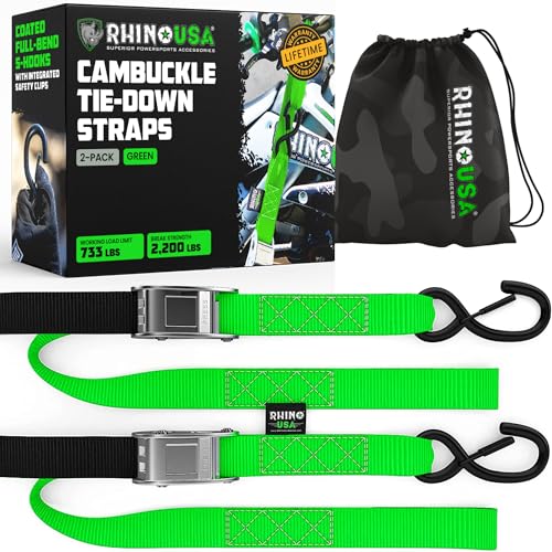 Rhino USA Motorcycle Tie Down Straps (2 Pack) Lab Inspected 2,200lb Break Strength, Steel Cambuckle Tiedown Set with Integrated Soft Loops - Better Than a Ratchet Strap (Green 2-Pack)