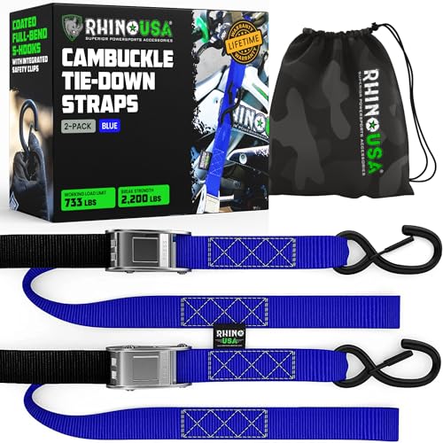 Rhino USA Motorcycle Tie Down Straps (2 Pack) Lab Inspected 2,200lb Break Strength, Steel Cambuckle Tiedown Set with Integrated Soft Loops - Better Than a Ratchet Strap (Blue 2-Pack)