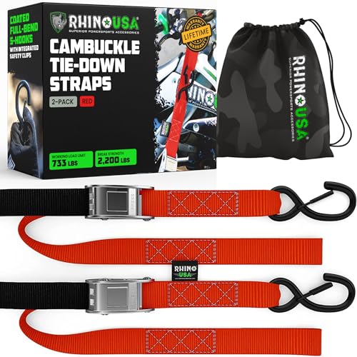 Rhino USA Motorcycle Tie Down Straps (2 Pack) Lab Inspected 2,200lb Break Strength, Steel Cambuckle Tiedown Set with Integrated Soft Loops - Better Than a Ratchet Strap (Red 2-Pack)