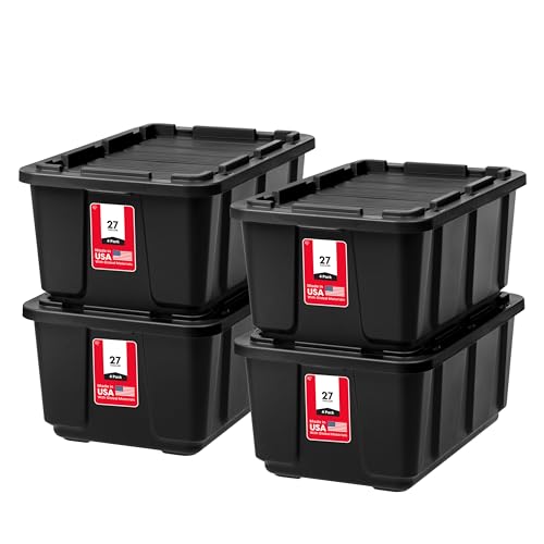 IRIS USA 27 Gallon Heavy Duty Truck Bed Toolbox Storage Tote Bins with Lids, 4 Pack - Made in USA, Tough Snap On Secure Lid Stackable Industrial Tubs, Garage Organization Reusable Box - Black