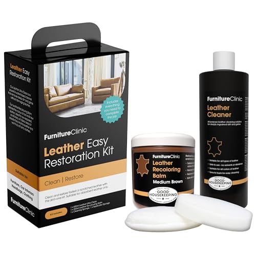 Furniture Clinic Leather Easy Restoration Kit | with Leather Recoloring Balm, Cleaner, Sponge, and Cloth | Leather Repair Kit for Scratched and Faded Furniture (Medium Brown)