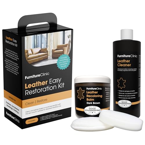 Furniture Clinic Leather Easy Restoration Kit | with Leather Recoloring Balm, Cleaner, Sponge, and Cloth | Repair Kit for Scratched and Faded Furniture (Dark Brown)