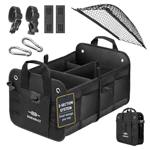 Car Trunk Organizer - Collapsible, Foldable - with Covering Net, Removable Dividers, Attachable Non-Slip Pads, Mounting Straps, and Stainless Hooks - for SUV, Truck, Sedan, Minivan, and Van - Black