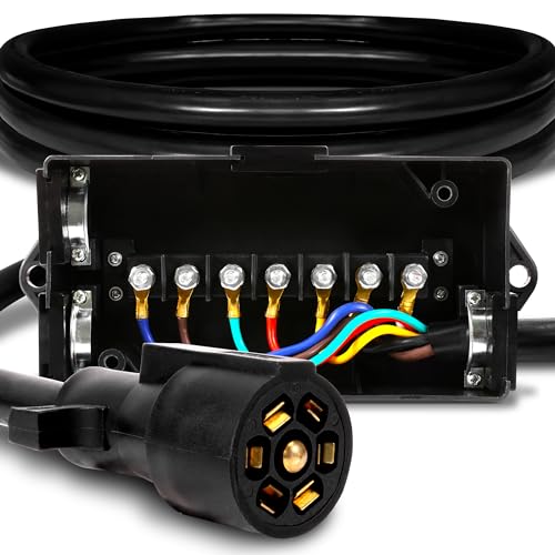 True Mods 8ft 7-Way Trailer Plug Adapter Cord Wiring Harness Kit with 7-Pin Stud Junction Box [Brake & Light Control] Waterproof 7 Prong Wire Cable Connection Block For RV Utility Travel Boat Trailer