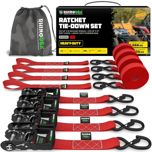 Rhino USA Ratchet Straps Heavy Duty Kit (4-Pack) - 1.6 Inch x 8 Feet (5,208lb Break Strength) - Ultimate Tie Down Straps with Safety S Hooks for Trucks, ATV, UTV, Motorcycle, Cargo & More - Red