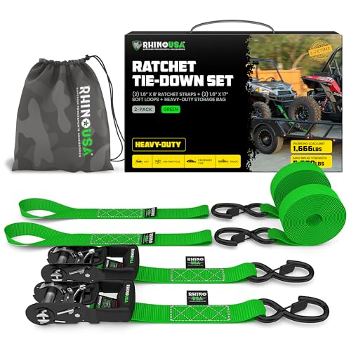 Rhino USA Ratchet Straps Heavy Duty Kit (2-Pack) - 1.6 Inch x 8 Feet Min Break Strength (5,000) - Ultimate Tie Down Straps with Safety S Hooks for Trucks, ATV, UTV, Motorcycle, Cargo & More - Green