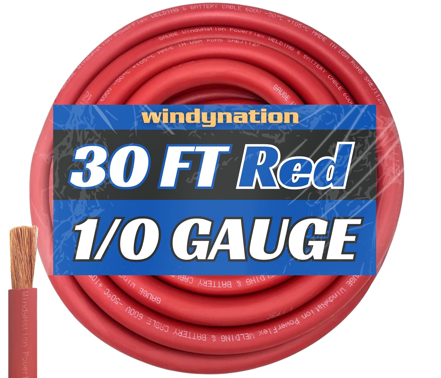 WNI 1/0 Gauge 30 Feet Red 1/0 AWG Ultra Flexible Welding Battery Copper Cable Wire - Made in The USA - Car, Inverter, RV, Solar