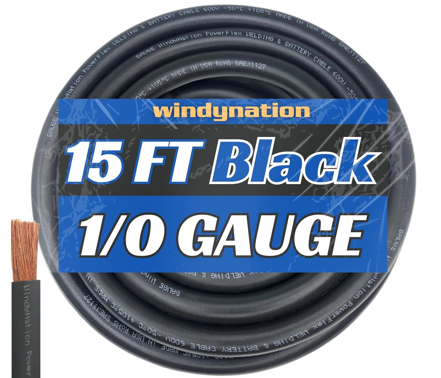 WNI 1/0 Gauge 15 Feet Black 1/0 AWG Ultra Flexible Welding Battery Copper Cable Wire - Made in The USA - Car, Inverter, RV, Solar