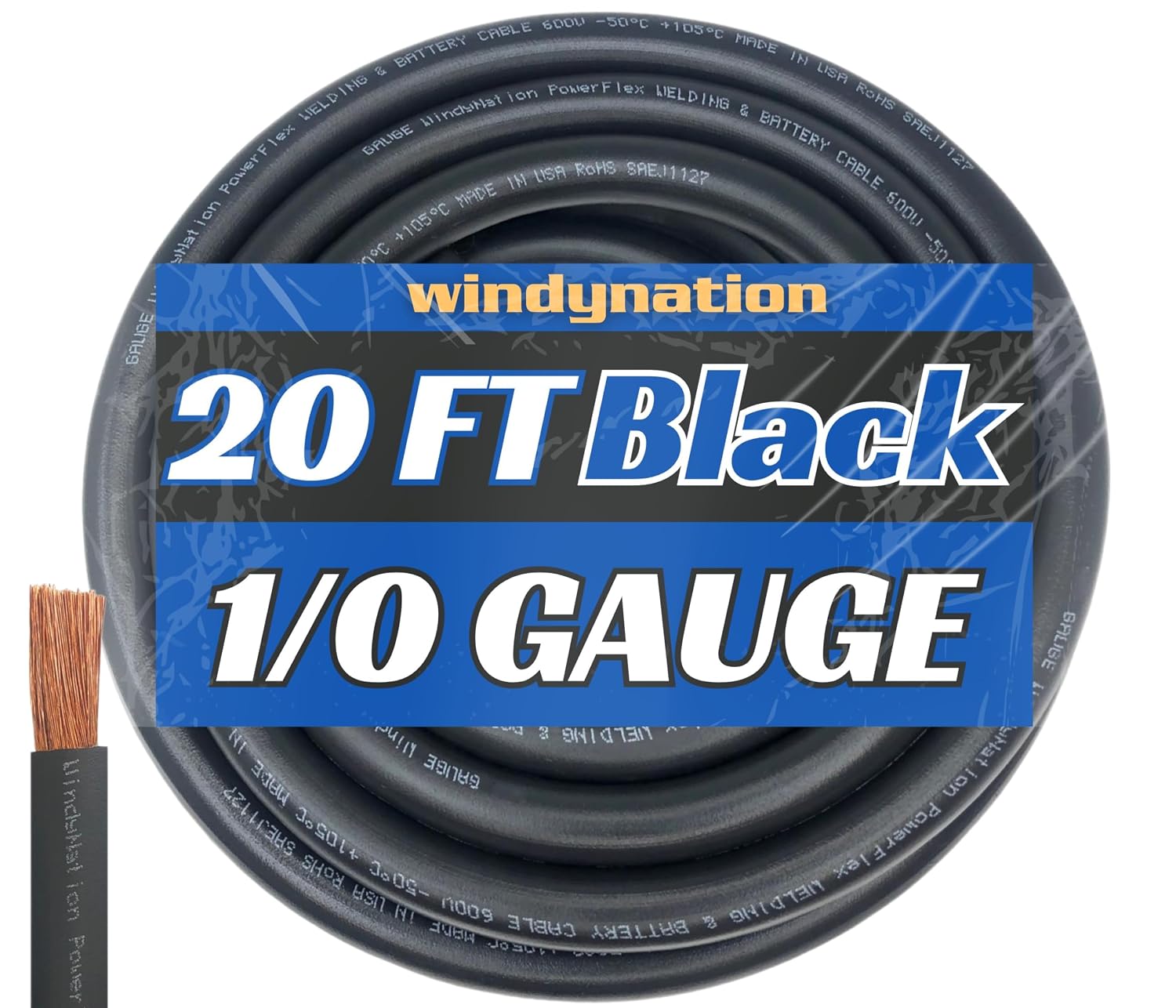 WNI 1/0 Gauge 20 Feet Black 1/0 AWG Ultra Flexible Welding Battery Copper Cable Wire - Made in The USA - Car, Inverter, RV, Solar