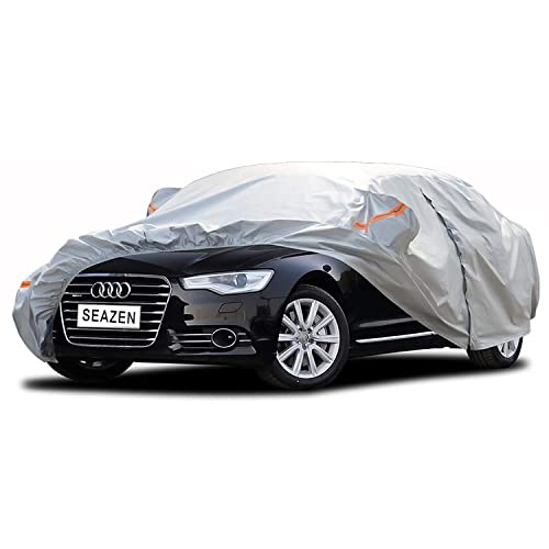 SEAZEN Car Cover 6 Layers, Waterproof Sedan Car Cover with Zipper Door, Snowproof/UV Protection/Windproof, Universal Car Covers Breathable Fabric with Cotton (185" to 200")