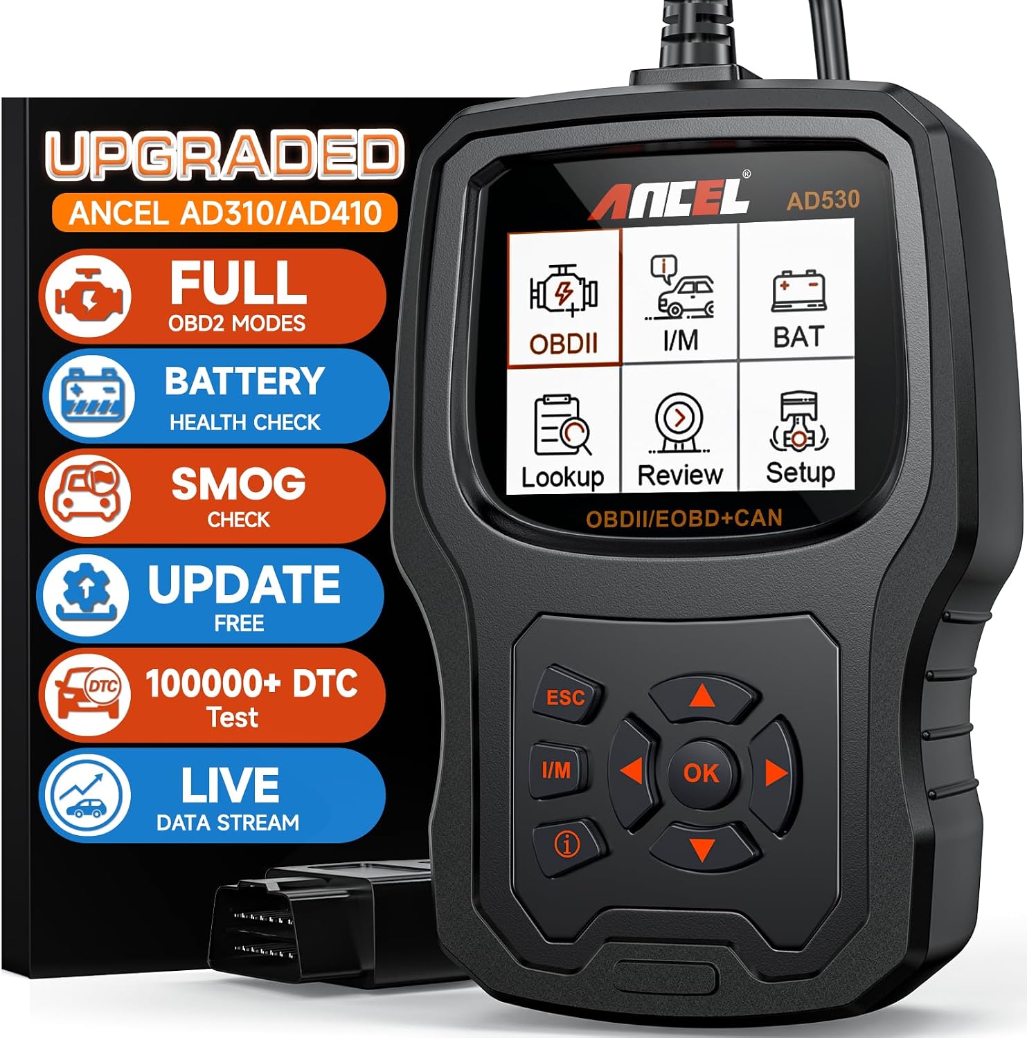 ANCEL AD530 OBD2 Scanner Diagnostic Tool, Universal Check Engine Code Reader with Live Data, Car Diagnostic Tool with Upgraded Battery Tester & All OBD2 Functions for 1996+ Cars, Upgraded AD310
