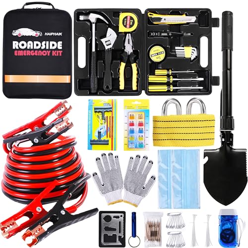 Emergency Roadside Kit for Car,Emergency Kits for Vehicles,Safety Kits for Cars, Car Jumper Cables Kit(11.8 Foot Upgrade) 124 Pcs,Tow Strap, Folding Survival Shovel,Car Tool Kit