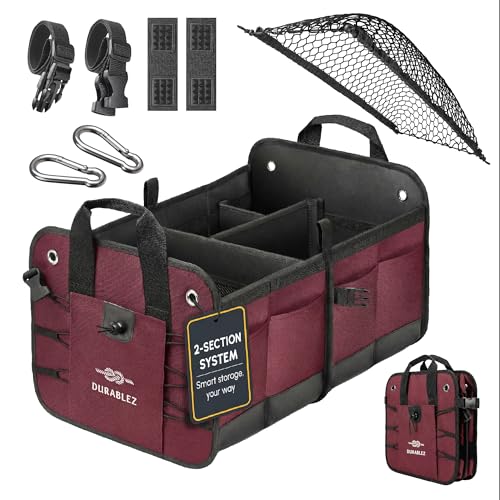 Car Trunk Organizer - Collapsible, Foldable - with Covering Net, Removable Dividers, Attachable Non-Slip Pads, Mounting Straps, and Stainless Hooks - for SUV, Truck, Sedan, Minivan, and Van - Cherry