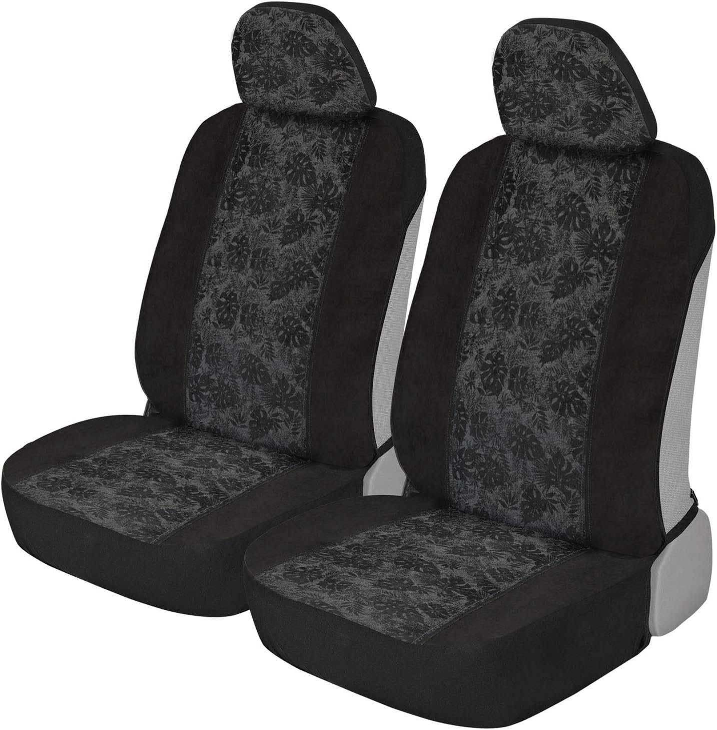 BDK Black Maui Car Seat Covers for Front Seats, 2 Pack  Tropical Pattern with Matching Headrest, Sideless Design for Easy Installation, Fits Most Car Truck Van and SUV