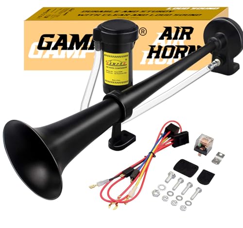 12V 150DB Car Air Horns, 18 Inches Chrome Zinc Single Trumpet Truck Air Horn with Compressor for Any 12V Vehicles Trucks Lorrys Trains Boats Cars (BLACK)