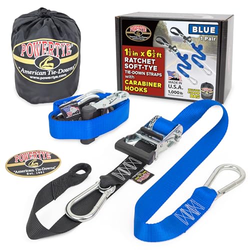 PowerTye 1.5in x 6.5ft Heavy Duty Ratchet Tie-Down Straps with Soft-Tye, Carabiner Hooks - 1,000 lb Working Load Limit / 3,000 lb Breaking Strength - Made in USA - Blue/Black Pair + Storage Bag