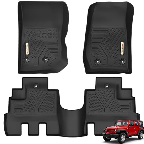 YITAMOTOR Floor Mats Compatible with Jeep Wrangler JK Unlimited 4 Doors 2014 2015 2016 2017 2018 (Not for JL&2-Door), All Weather Custom Fit Floor Liners 1st & 2nd Row All Weather Protection, Black