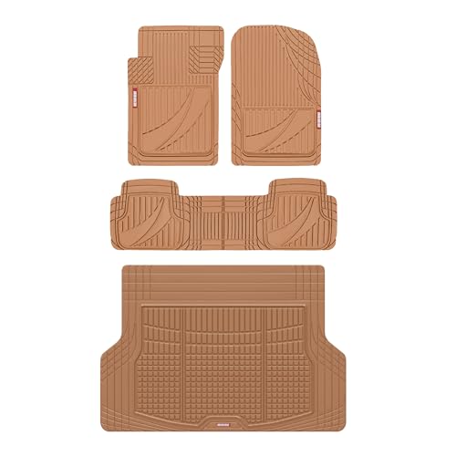 Motor Trend FlexTough Advanced Heavy Duty Beige Rubber Car Floor Mats & Cargo Liner for SUV & Car Full Set - Universal Trim to Fit All Weather Automotive Floor Mat & Cargo Liners for SUV, Car, & Van